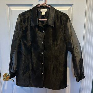 Jordan dressy black blouse with see through sleeves and rhinestone buttons